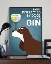 Load image into Gallery viewer, Easily Distracted By Chocolate Brown Cocker Spaniel And Gin Blue Background Gift For Dog Lovers Vertical Poster
