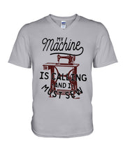 Load image into Gallery viewer, Sewing My Machine Is Calling And I Must Sew Printed Mug Guys V-Neck
