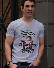 Load image into Gallery viewer, Sewing My Machine Is Calling And I Must Sew Printed Mug Guys V-Neck
