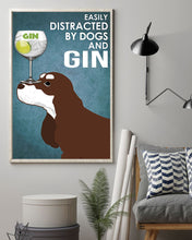 Load image into Gallery viewer, Easily Distracted By Chocolate Brown Cocker Spaniel And Gin Blue Background Gift For Dog Lovers Vertical Poster
