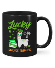 Load image into Gallery viewer, Llama Lucky To Be A Science Teacher Green Books St Patrick's Day Gift Mug
