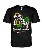 Load image into Gallery viewer, Rainbow And Cloud Horseshoe One Lucky Spanish Teacher St Patrick's Day Gift Guys V-Neck
