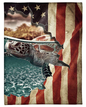 Load image into Gallery viewer, Beautiful Turtle Behind American Flag Gift For Turtle Lovers Fleece Blanket
