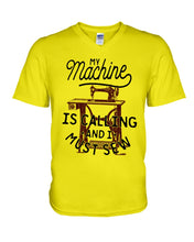 Load image into Gallery viewer, Sewing My Machine Is Calling And I Must Sew Printed Mug Guys V-Neck
