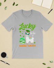 Load image into Gallery viewer, Llama Lucky To Be A Science Teacher Green Books St Patrick's Day Gift Guys Tee

