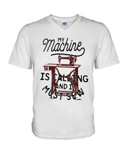 Load image into Gallery viewer, Sewing My Machine Is Calling And I Must Sew Printed Mug Guys V-Neck
