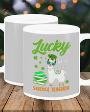 Load image into Gallery viewer, Llama Lucky To Be A Science Teacher Green Books St Patrick's Day Gift Mug
