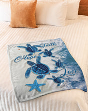 Load image into Gallery viewer, Faith Hope Love Blue Turtle On Beach Meaningful Gift Fleece Blanket
